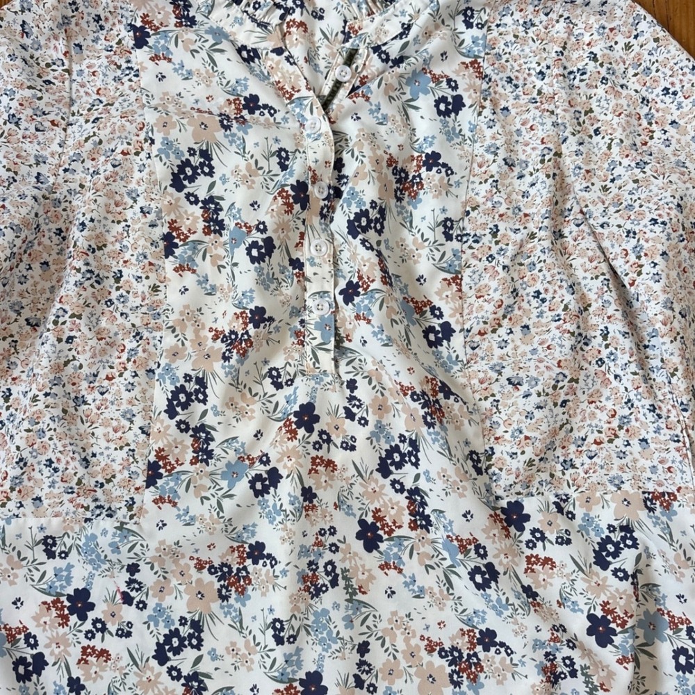 Tribal Jeans Floral Patchwork Blouse Women Blue Boho Ruffle Top SIZE XS - Picture 2 of 6